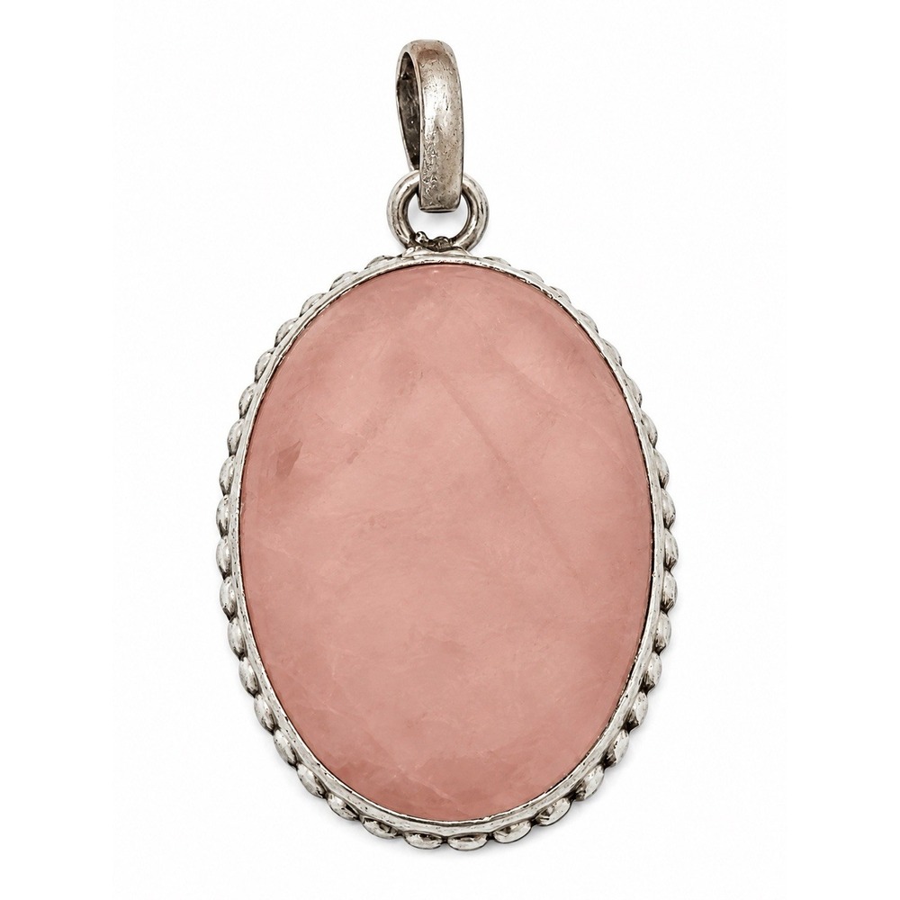 Vintage 925 Sterling Silver Oval Rose Quartz Bezel Pendant 2"